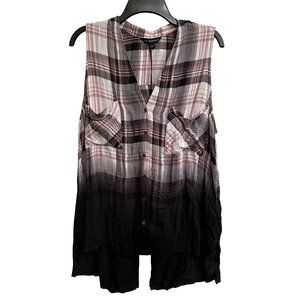 Rock & Republic Sleeveless Woven Button Up Long Plaid Tank Top Shirt Large NWT